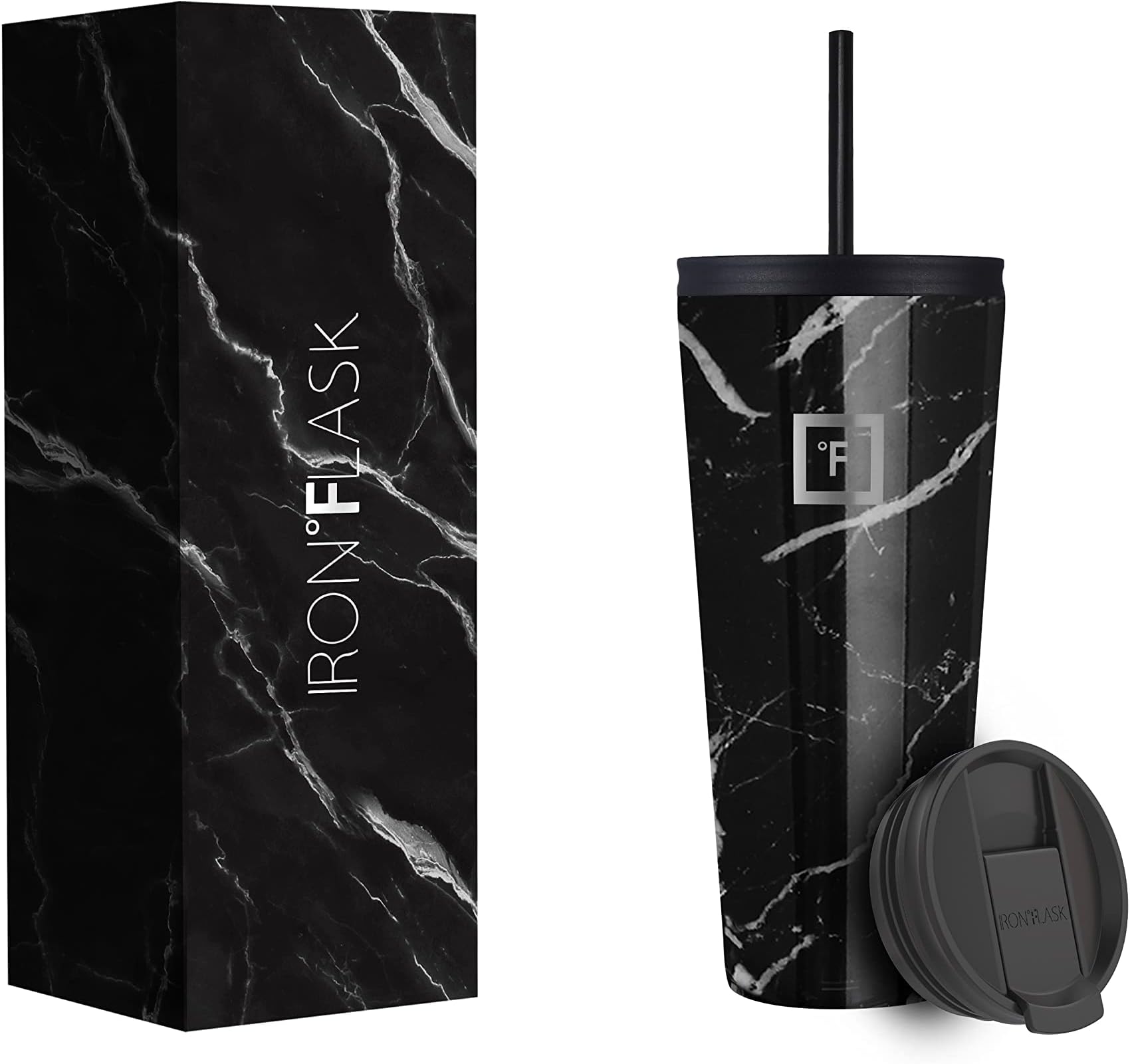 IRON °FLASK Classic Tumbler 2.0-2 Lids (Straw Flip), Vacuum Insulated Stainless Steel Water Bottle, Double Walled, Drinking cup, Thermos Travel Mug - Black Marquina, 32 Oz