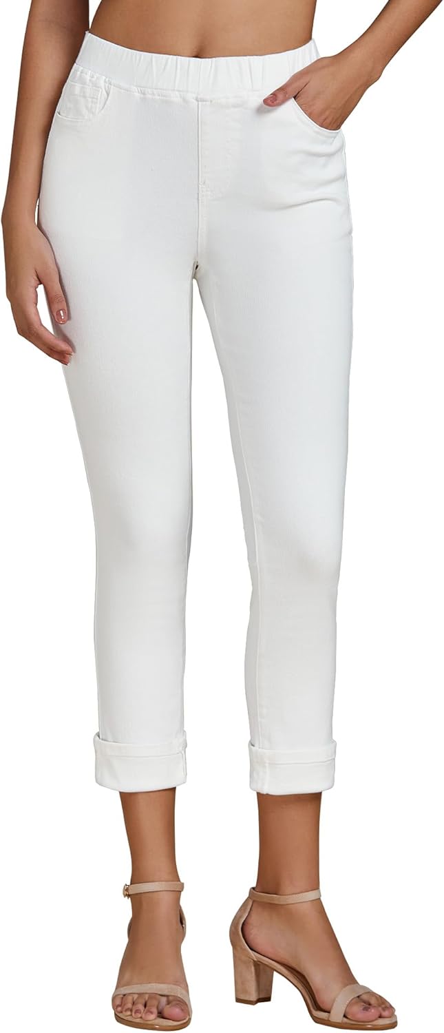 Vetinee Capris Jeans for Women High Waisted Pull On Elastic Waist Skinny Stretchy Denim Capri Pants Rolled Cropped Jeans