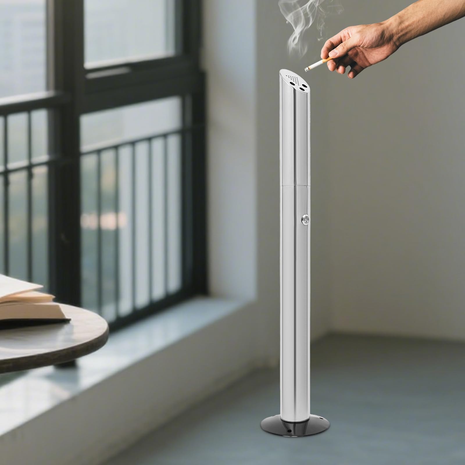 Cenicero de pie, 17 x 92 cm, cubo de basura de acero inoxidable, colector de colillas de cigarrillo, caja de soporte para interiores y exteriores como patios, terrazas, jardines