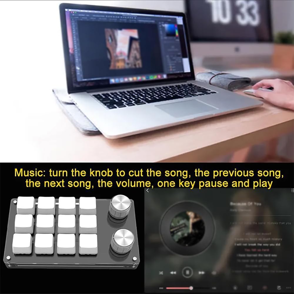 Tastiera meccanica multifunzionale da gioco a 12 tasti, mini tastiera macro con una mano con 2 manopole, tastiera a manopola, Plug and Play, per ufficio, giochi, musica, media, controllo industriale
