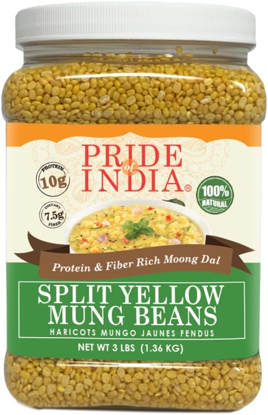 Pride of India Split Yellow Mung Lentils 3 lb | Premium Moong Dal in Reusable Jar | Protein & Fiber Rich Yellow Mung Beans for Soup, Curry, Stew, Kitchari & Dal Recipes
