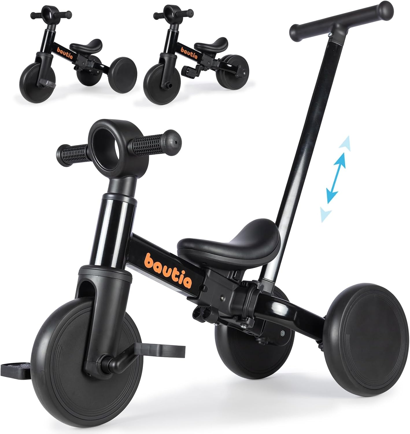 Tricycle for Toddlers 1-3 with Push Handle, 5 in 1 Baby Balance Bike for 1-4 Years Old Kids Toy, Boys Girls Bicycle Gift with Removable Pedals, Black (No Parent Steering Version)