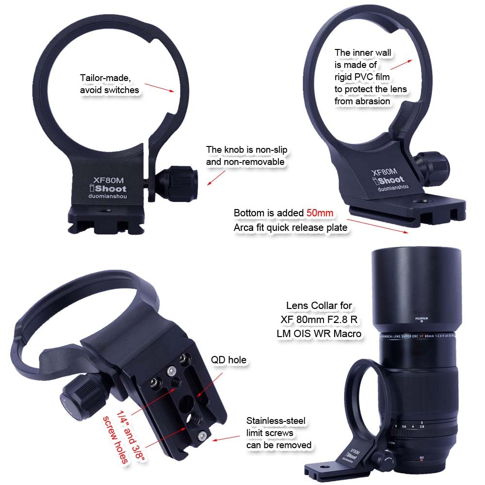 iShoot Objektivkragen Unterstützung Stativ Mount Ring kompatibel mit Fuji XF 80 mm F2.8 R LM OIS WR Makro, Halterung unten Arca-Swiss Fit Schnellwechselplatte für Arca-Stativkopfklemme