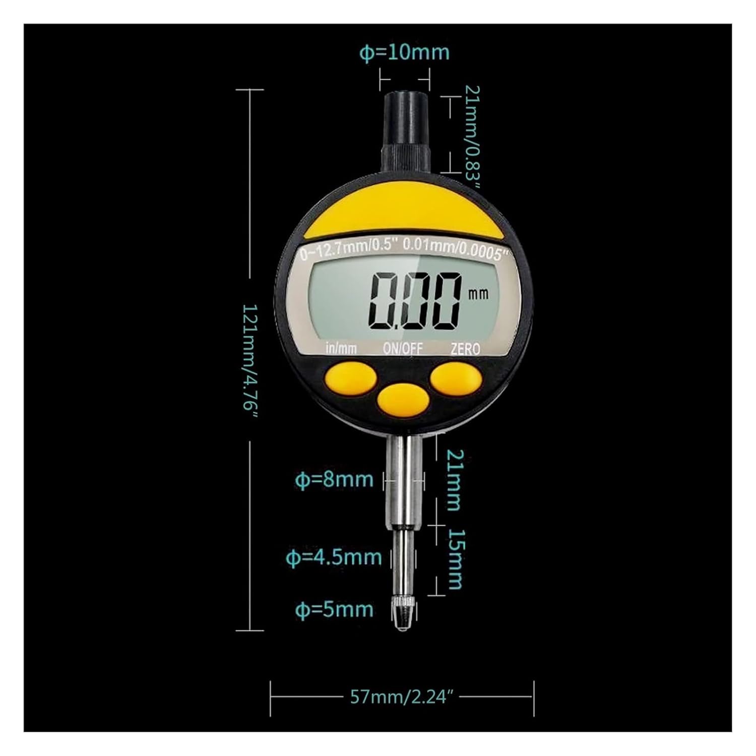 Precision Digital Dial Indicator 0-12.7mm/0.5" with 0.01mm Resolution - Ideal for Mechanical & Industrial Applications