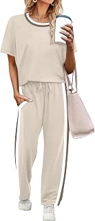 2 Piece Lounge Sets for Women Matching Set Summer Outfits Short Sleeve Tops Wide Leg Pants with Pockets