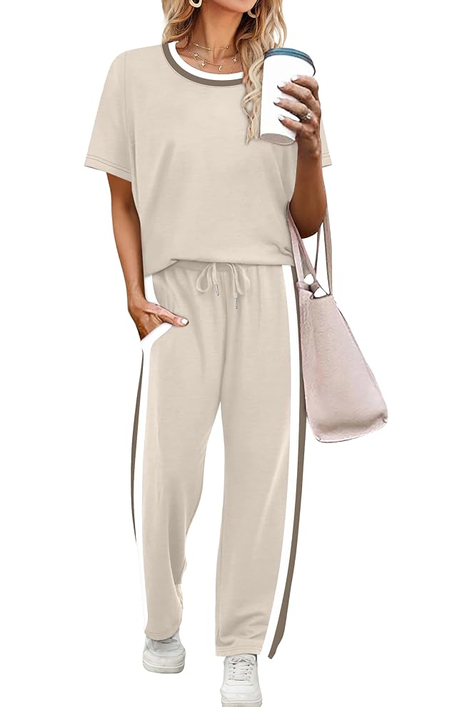 WIHOLL 2 Piece Lounge Sets for Women Matching Set Summer Outfits Short Sleeve Tops Wide Leg Pants with