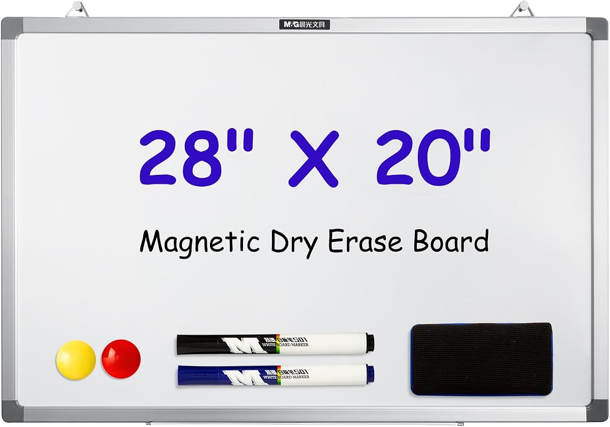 M&G Dry Erase Board Magnetic White Board for Wall, 28” x 20” Whiteboard with 2 Markers & 2 Magnets & 1 Eraser, Hanging Whiteboard with Silver Frame for Planning, Drawing, to Do List, Office Use