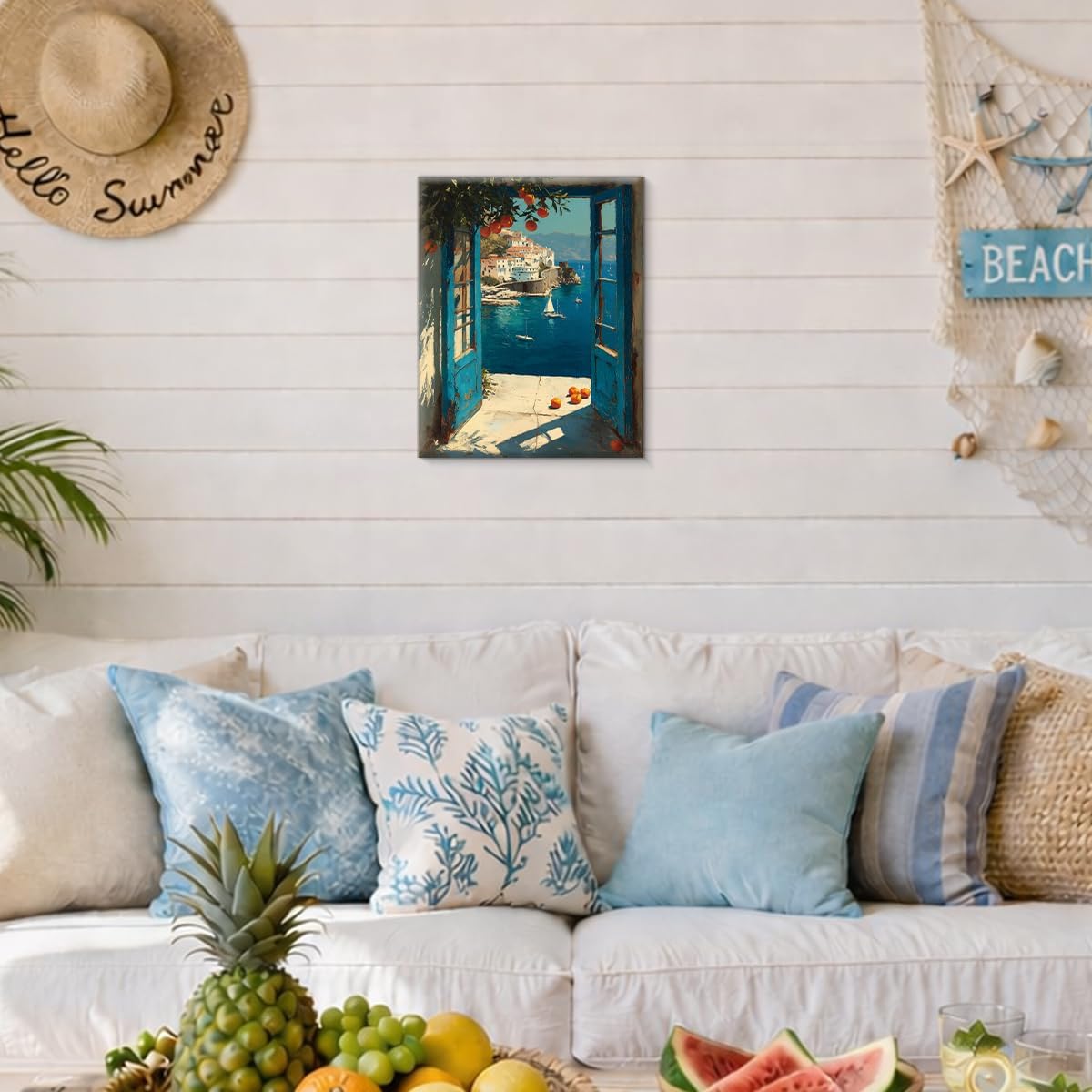 APOHBGV Vintage Open Window Coastal Blue Painting – Wall Art with Mediterranean Views for Living Room, Bedroom, Office Mediterranean Home Decor 8x10 Inch