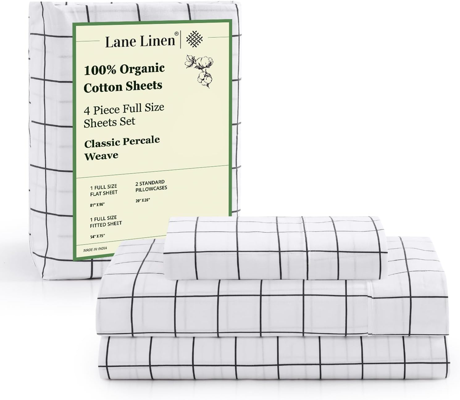 LANE LINEN 100% Organic Cotton Full Size Bed Sheets, Eco Friendly Fully Elasticized Okeo Tex Certified Printed Cotton Sheets Full, Percale Weave Soft & Comfy Comes in Variety of Prints - Windowpane