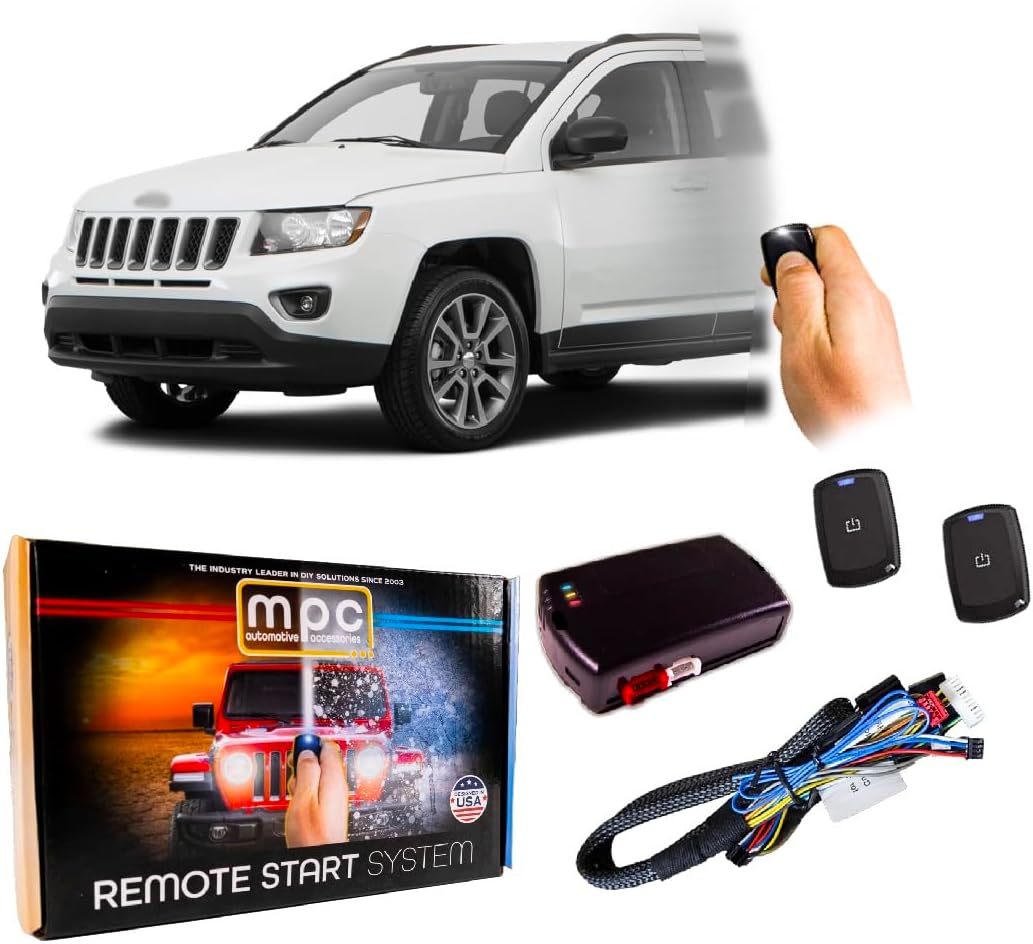MPC Plug N Play Remote Starter Compatible with 2008-2017 Jeep Compass |Gas| |Key to Start| with T-Harness - (2) Extended Range 4-Button 2-Way Remotes - Up to 1,500 ft