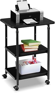 CASART 2/3 Tier Printer Stand, Fax Stand on Wheels, up to 45kg/50kg, Open Shelves Mobile Printer Cart for Home Office (49 x 40 x 67-77cm, Black)