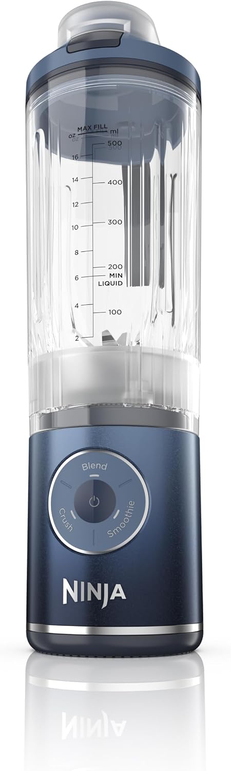 Ninja Blast Max Portable Blender, Twist & Go, 22oz/650mL, Navy, BC251CNV | Twist & Go removable 22-oz/650mL vessel. Auto-iQ Crush & Smoothie programs, cordless. Dishwasher safe, leakproof lid.