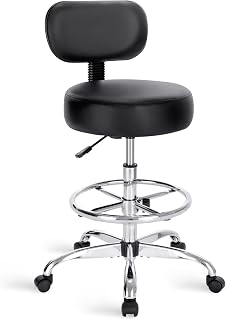 SUPERJARE Drafting Chair with Adjustable Height, Footrest & Backrest - Rolling Stool for Office, Kitchen, Garage - Thick Cushion Black