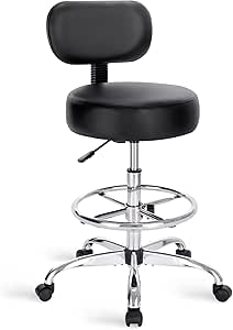 SUPERJARE Drafting Chair with Back, Adjustable Foot Rest Rolling Stool, Multi-Purpose Office Desk Chair, Thick Seat Cushion for Home Bar Kitchen Shop - Black