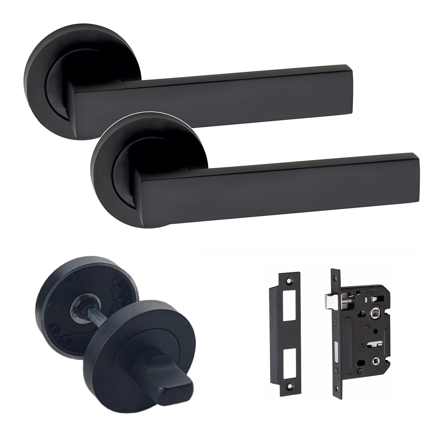 Golden Grace Delta Design Bathroom WC Toilet Door Handles Set on Round Rose in Matt Black Finish with 64mm Bathroom Mortise Lock & Thumbturn