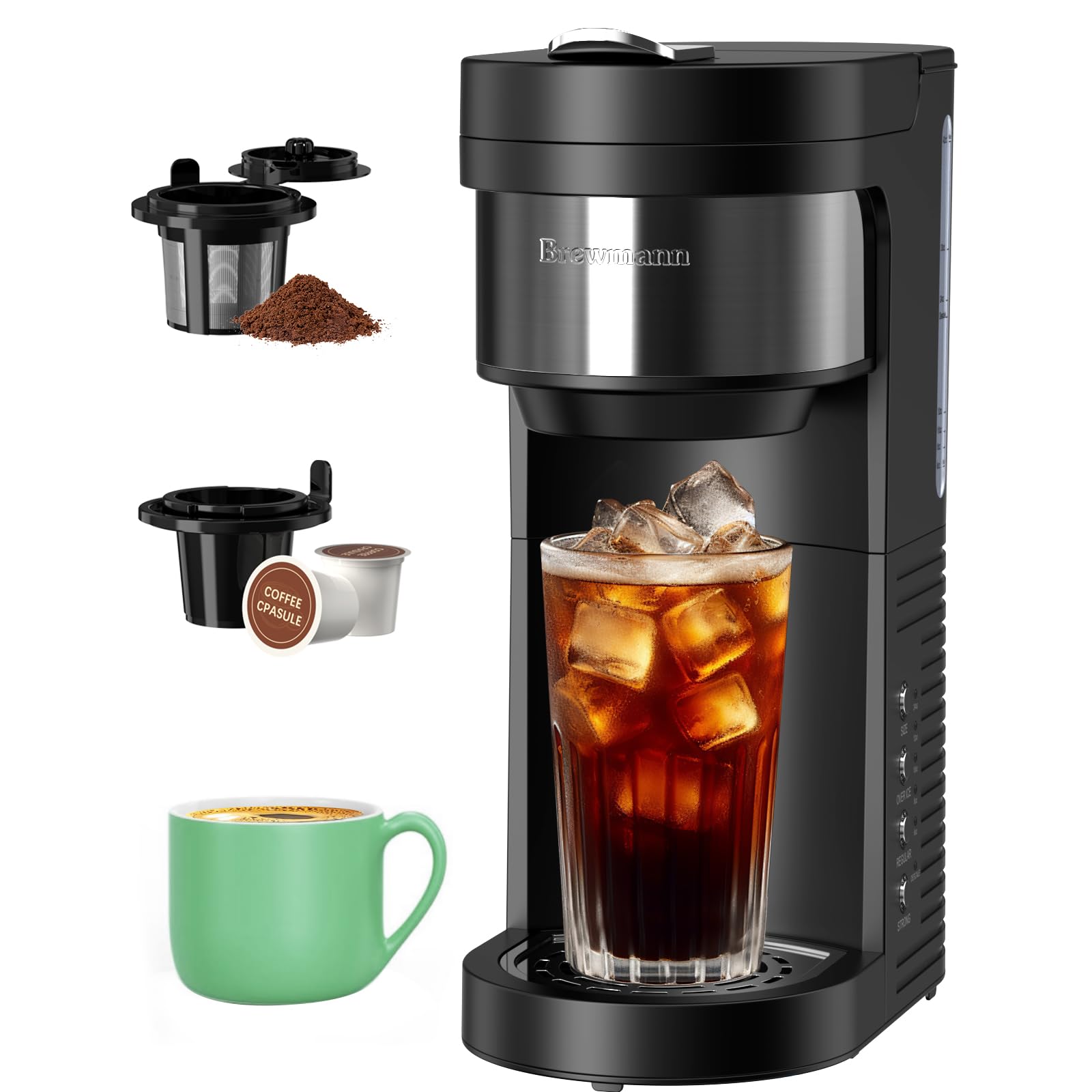 Single Serve Hot & Iced Coffee Maker, for K Cup Pod and Grounds, 6 to 24oz Brew Size, Slim Compact for Small Spaces, Descaling Reminder, with Reusable Filters, Black