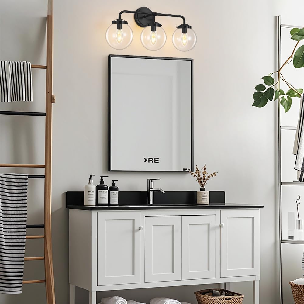 Bathroom Vanity Light Fixtures Over Mirror, Modern Matte 3 Lights Wall Sconce Lighting with Transparent Glass Ball Shade, Mid Century Farmhouse Vanity Lights (Black)
