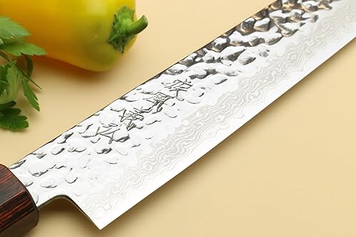 Miniatura 4 de Yoshihiro VG10 - Cuchillo japonés de 46 capas de damasco martillado Sujihiki (mango de palisandro de 9.5 pulgadas)