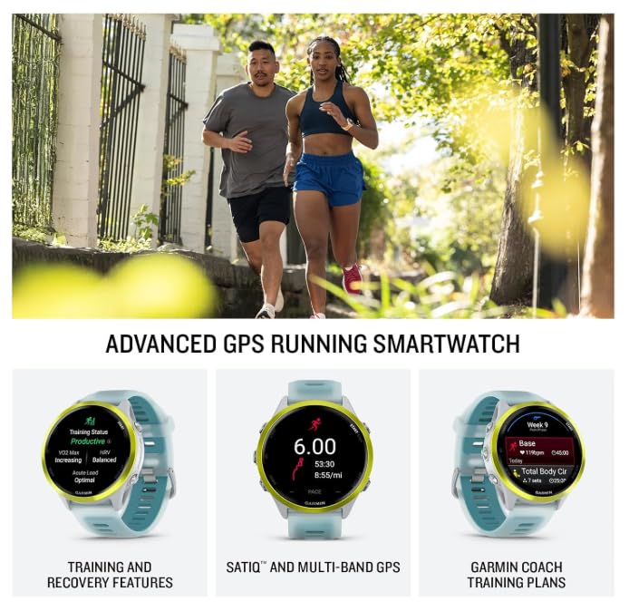 Image of Garmin Forerunner 570 47mm Advanced GPS Running & Triathlon Smartwatch, AMOLED Display, Training & Recovery, Amp Yellow Aluminum w /Translucent Whitestone /Turquoise Band w / Wearable4U PowerBank Bundle