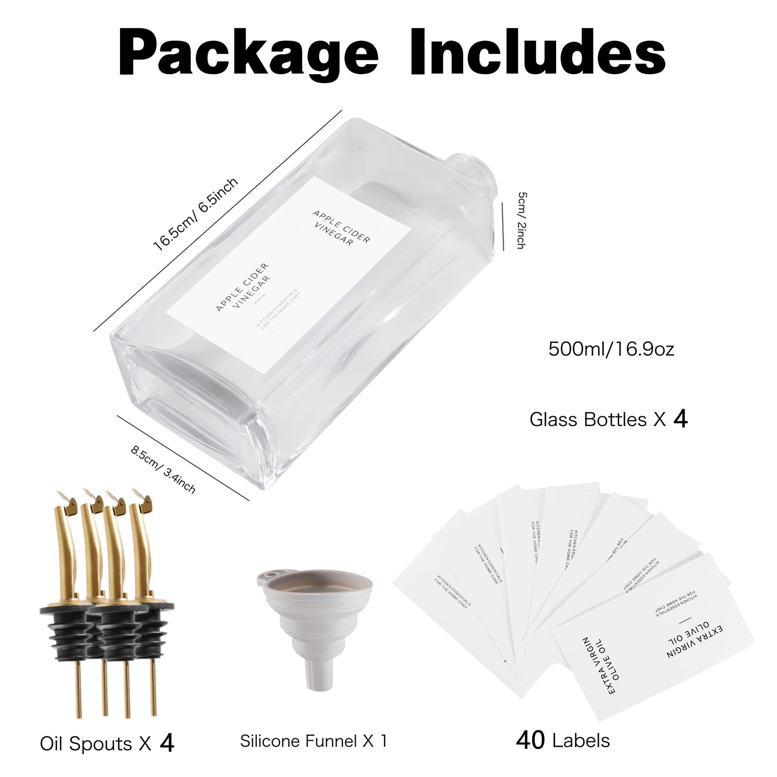 Hniuyun Lot de 4 bouteilles d'huile pour cuisine, 500 ml, distributeur d'huile d'olive, de vinaigre et de sirop de café avec bec anti-goutte, étiquettes étanches et entonnoir en silicone, doré