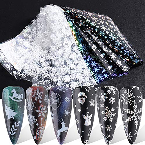 Winter Snowflake Nail Foil Transfers Stickers 10 Sheets Laser Flash Snowflake Snowmen Santa Christmas Tree Elk Nail Art Sticker Decals for New Year Party Supplies Manicure Tips Wraps Decoration