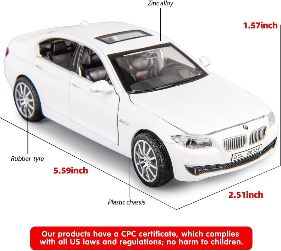 Image of Kids Model 1:32 BM 535I Die Cast Metal Car Pull Back Action Opening Doors with Realistic Engine Sound Lights Toy Car Gift for Boys - White