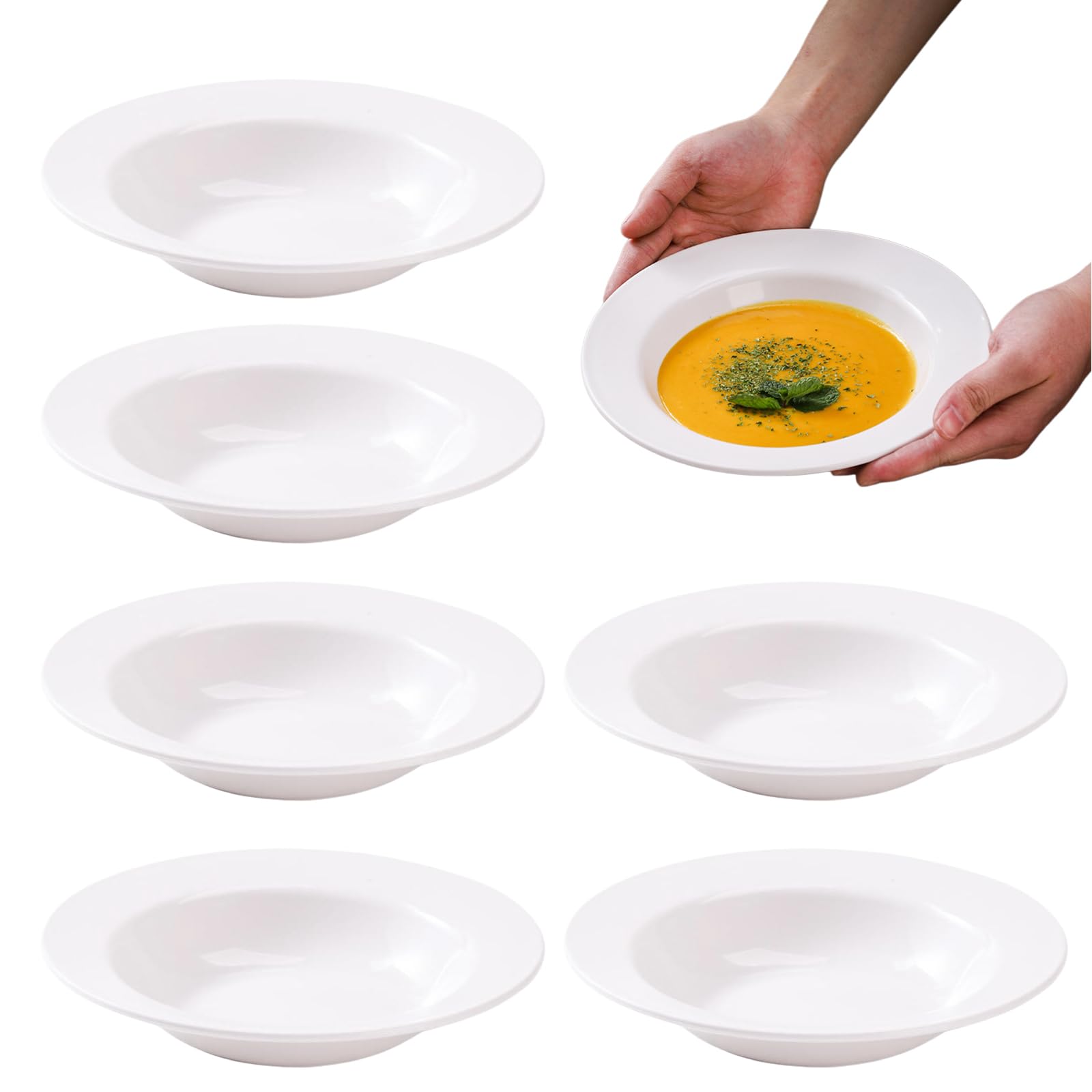 PORFOYO Set da 6 piatti per pasta, set di piatti, piatti fondi per pasta e zuppa in plastica, grandi e profondi, riutilizzabili, piatti da campeggio, bianchi rotondi, piatti fondi per camper, feste