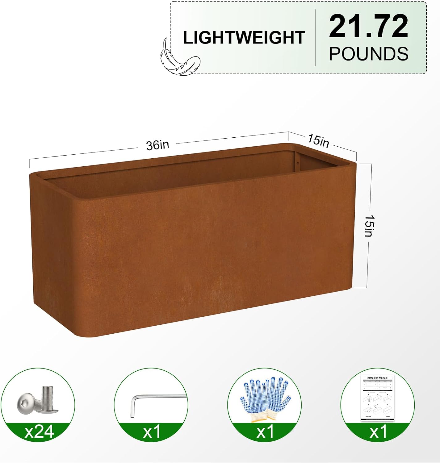 Corten Steel Planter Box 36" L x 15" W x 15" H,Large Rectangular Planter for Outdoor,Heavy Duty Modern Flower Plant Pot for Porch/Patio/Garden
