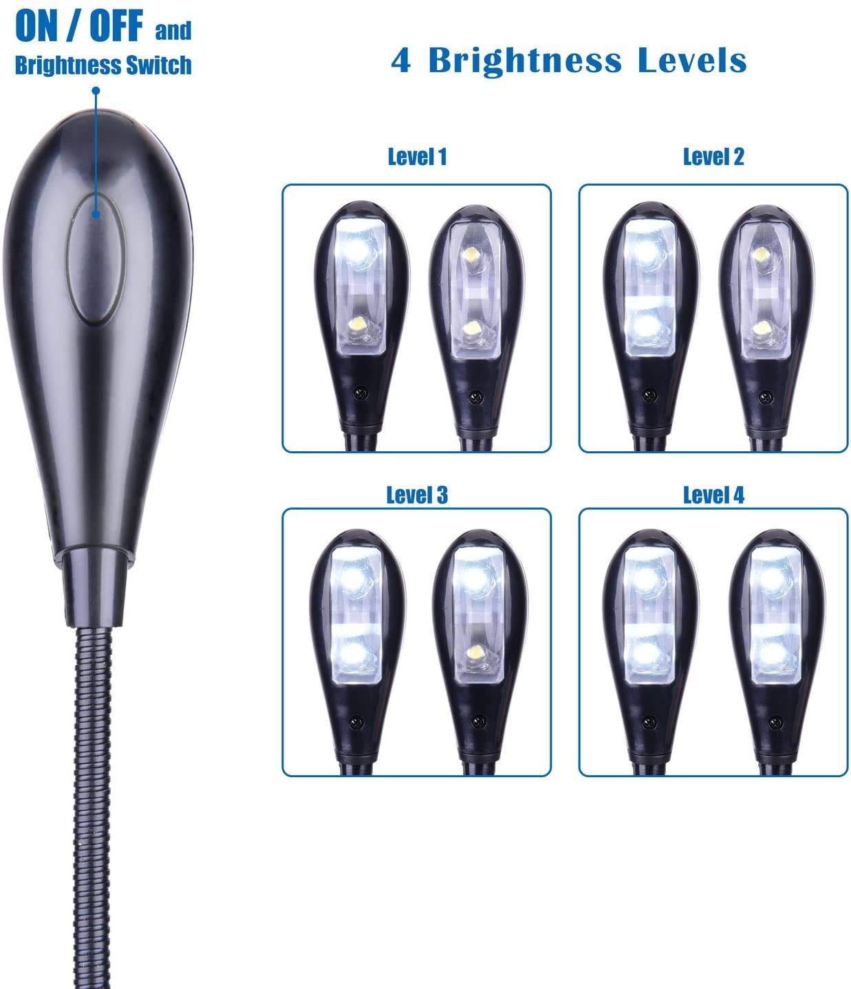 Confezione da 4 luci per leggio musicale, luci per pianoforte a clip, USB e batterie AAA, lampade da lettura a LED, 4 luminosità, ideali per musicisti, bambini, pianoforte, orchestra, chitarra, viaggi