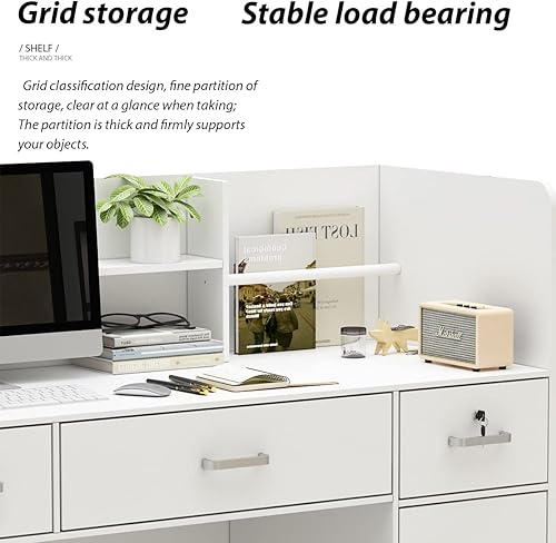 Miniatura 8 de FUFU&GAGA Escritorio de recepción con mostrador, 3 cajones y estantes de almacenamiento, mesa de mostrador de recepción con paneles privados, para