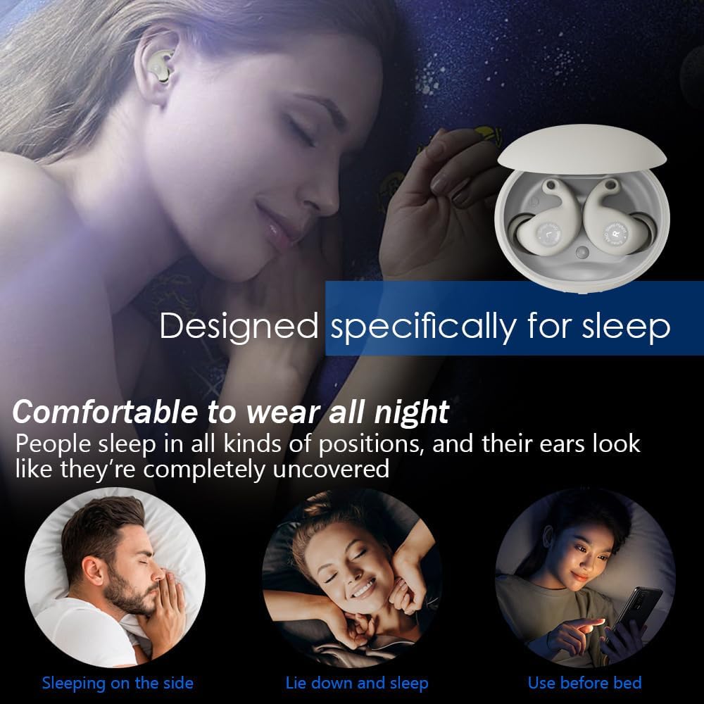 Sleep Earbuds Wireless ANC Active Noise Cancelling, in-Ear Comfort Design, 38dB Deep Noise Reduction, Bluetooth 5.0, 440mAh Charging Case, Type-C Fast Charge for Side Sleepers