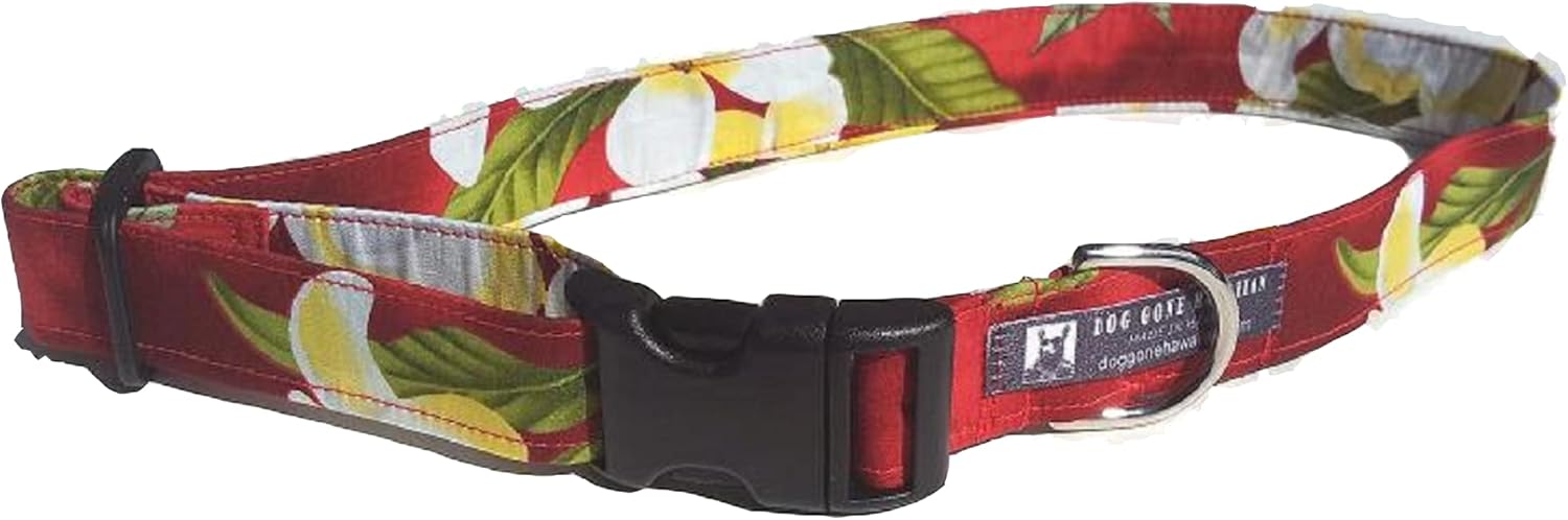 Hawaiian Fabric Over Webbing Adjustable Dog Collar-"Plumeria Red" Hand Made in Hawaii with Aloha