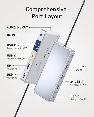 Miniatura 3 de Anker Estación de acoplamiento, interruptor KVM para 2 portátiles, monitor 4K dual 554 USB C estación de acoplamiento y kit de montaje de