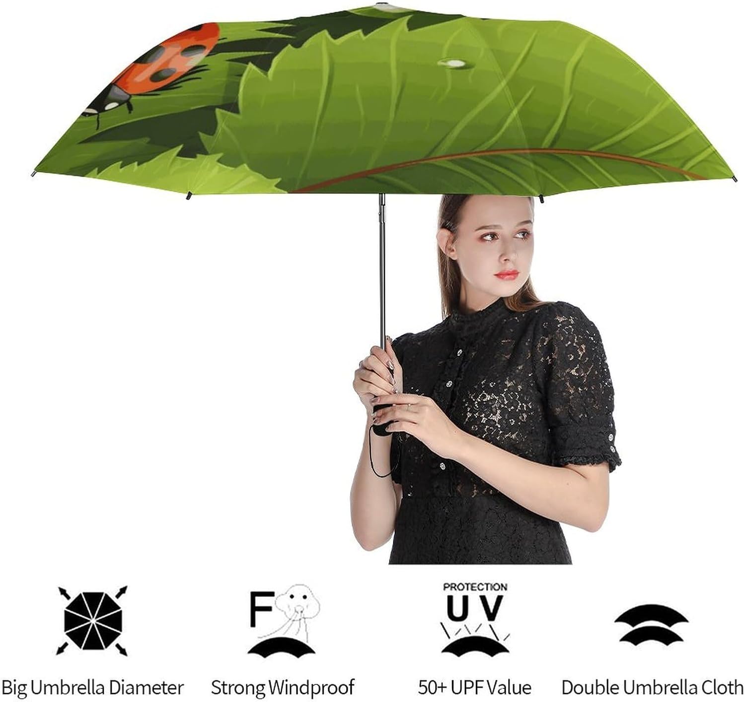 Leaves And Ladybugs Automatic Golf Umbrella Folding Umbrella | Windproof Travel Umbrella Portable Compact Umbrella with Storage Pouch for Golf Backpack Men Women