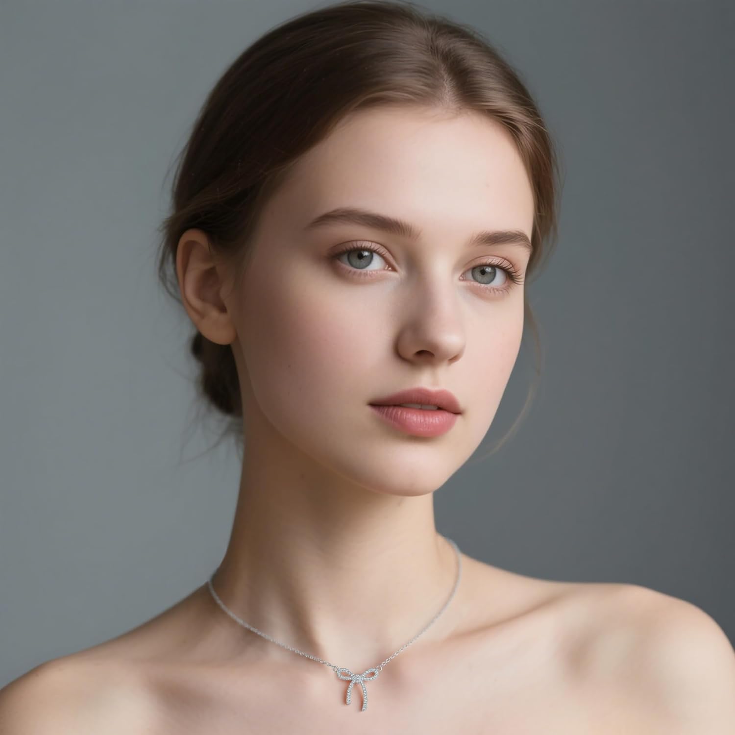 Reffeer Solid 925 Sterling Silver CZ Bow Necklace Choker for Women Teen Girls Crystal Bow Pendant Necklace Bowknot Choker Necklace