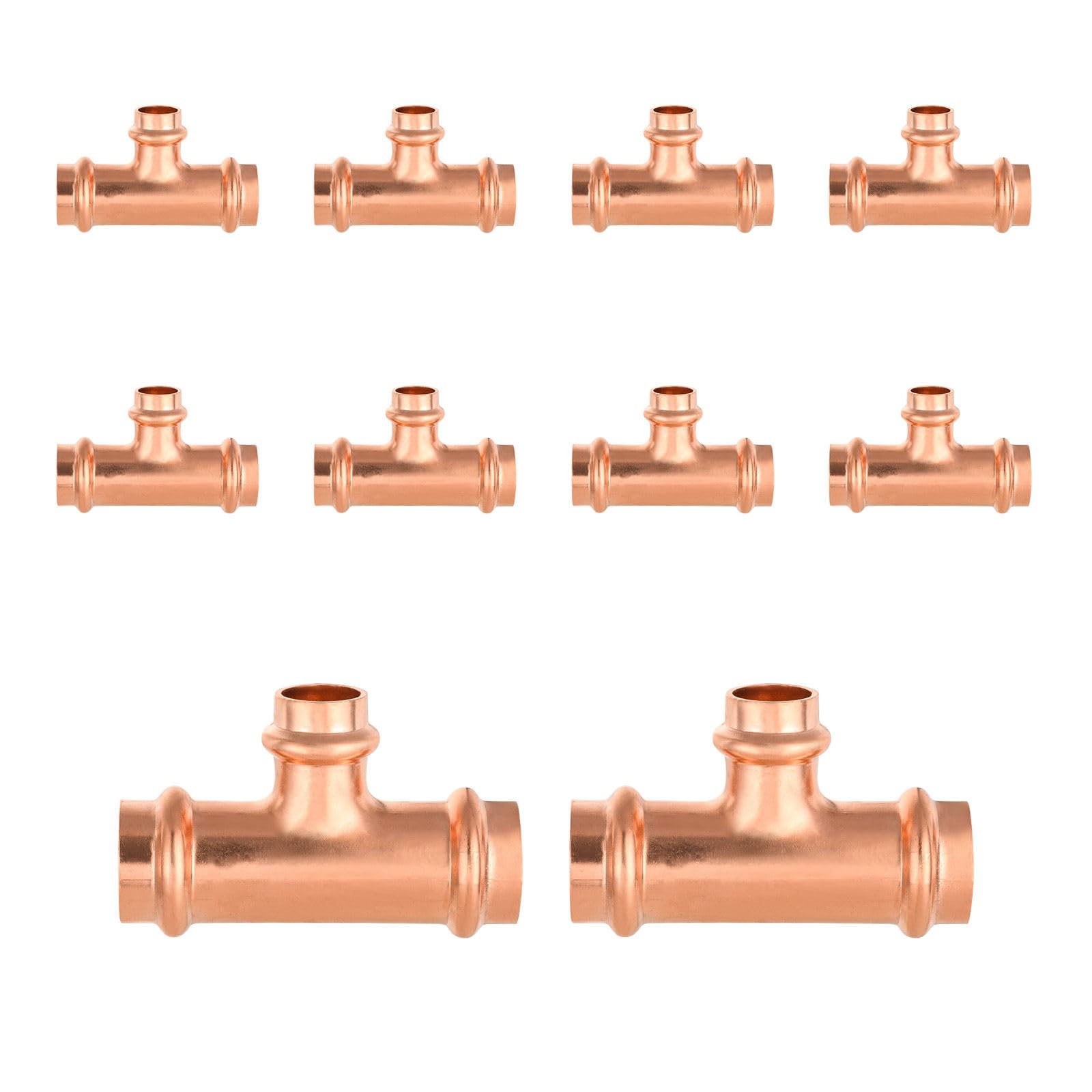 Paquete de 10 conectores en T reductores de cobre GUOFIS, 1-1/2" P x 1-1/2" P x 1/2", conector en T reductor de presión para plomería, conector de tres vías para derivación de tamaño de tubería.
