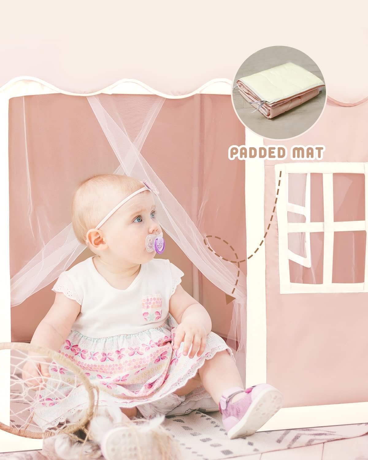 Baby sitting inside the Bubplay Large Play Tent, highlighting the padded mat.
