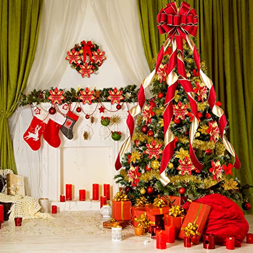 Dingion X 13'' Red Big Christmas Tree Topper Red Large Velvet Bow With Long Streamers Christmas Tree Ornaments With 8 Pcs 5.5 Inch Artificial Gold Red Poinsettia Flowers Decorations Christmas Decor #TOP4