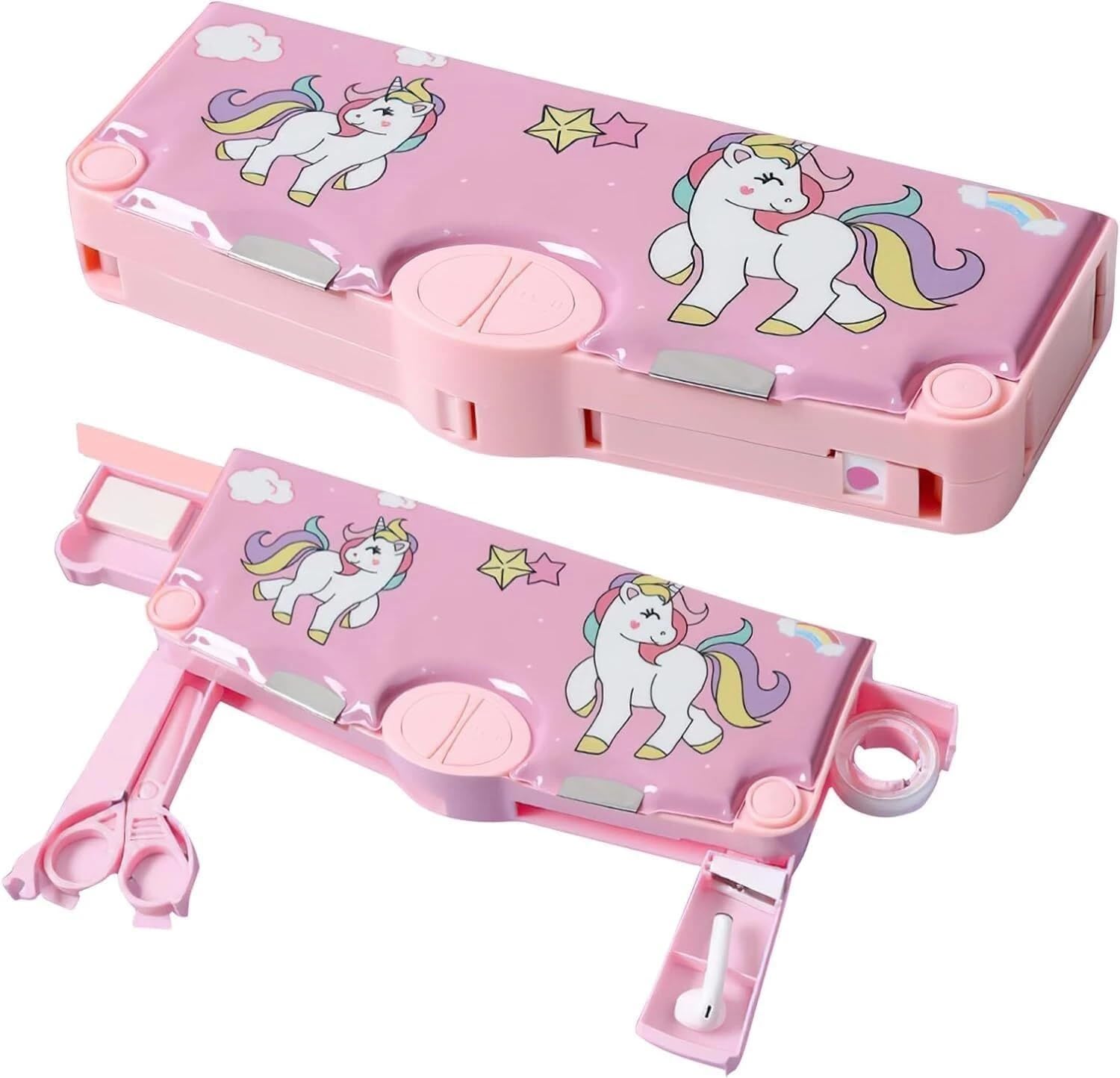 SHIVOM Geometry Box with Compass, Ruler, Scissors, Tape, Sharpener, Multi-Compartment Storage, School Stationery Organiser Pencil Case (Unicorn Pink)-image-6