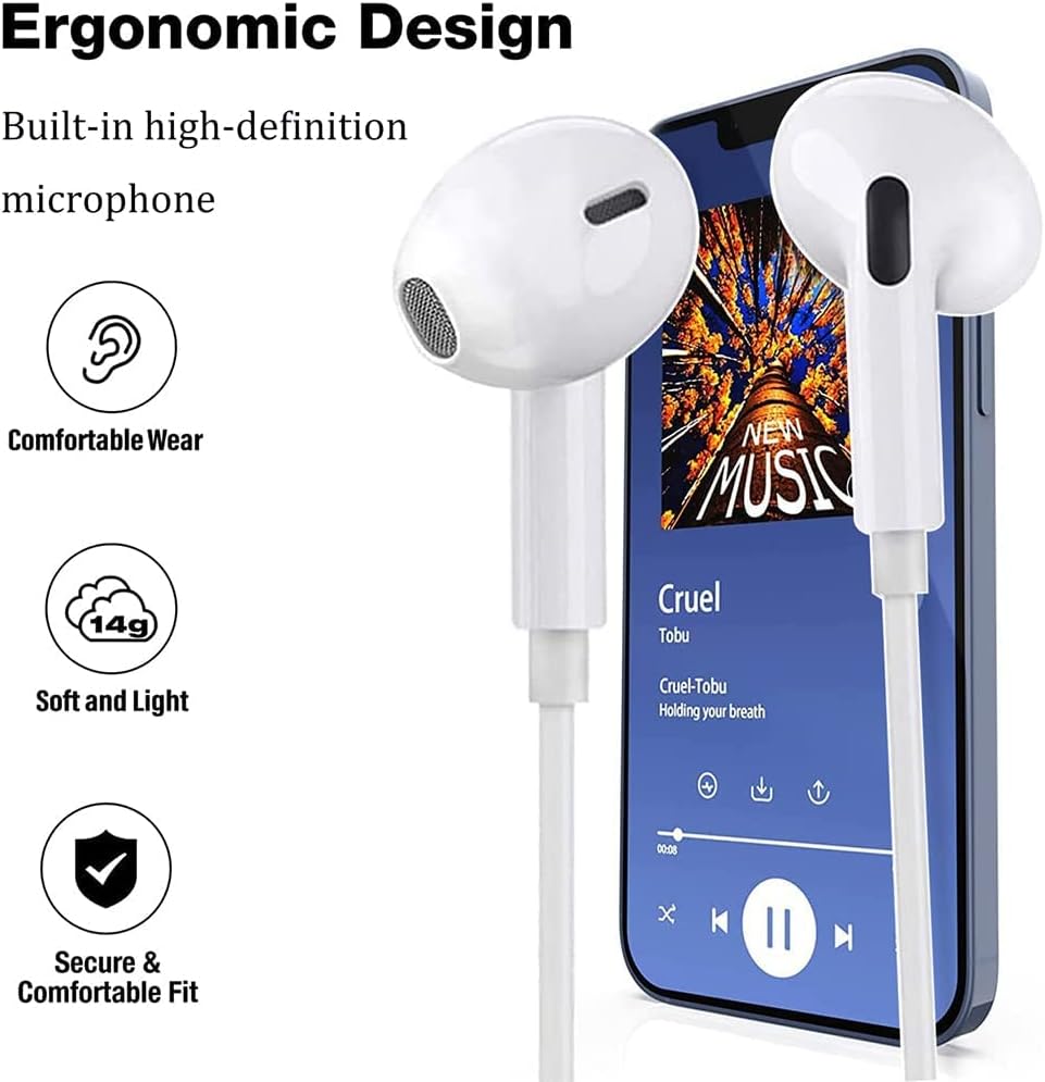 2 Pack iPhone Headphones Earbuds Wired Earphones with Microphone and Volume Control [Apple MFi Certified] in Ear Stereo Headphones for iPhone 14/13/12/11/XS/XR/SE/X/8p/8/7p/7, Support iOS All Systems