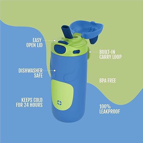 Miniatura 2 de Ello Ellies - Botella de agua de acero inoxidable aislada al vacío de 12 onzas para niños con popote y asa de transporte integrada y tapa de bloqueo