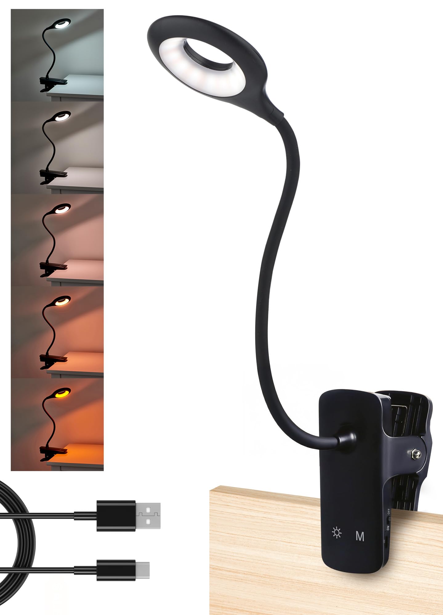 National Lighting Luz LED regulable con clip, lámpara LED de control táctil de 4,5 W con cuello flexible y abrazadera fuerte, 5 colores y niveles de brillo, luz de escritorio recargable por USB, color