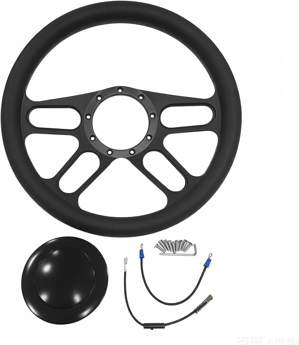 X-AVION 14" Billet Black GM Classic Car 9-Bolt Steering Wheel, Leather Half Wrapped 'A-SLOT' Style Steering Wheel, with 9 Bolt Horn Button, Fits Most 1967-94 GM Cars