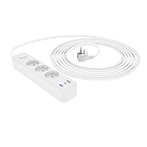 Amazon Basics – Multipresa a 3 Vie con Protezione da Sovratensioni, 3 Porte USB (1 USB-C, 2 USB-A), Prolunga, Cavo da 1,5m, 1050J, Bianco