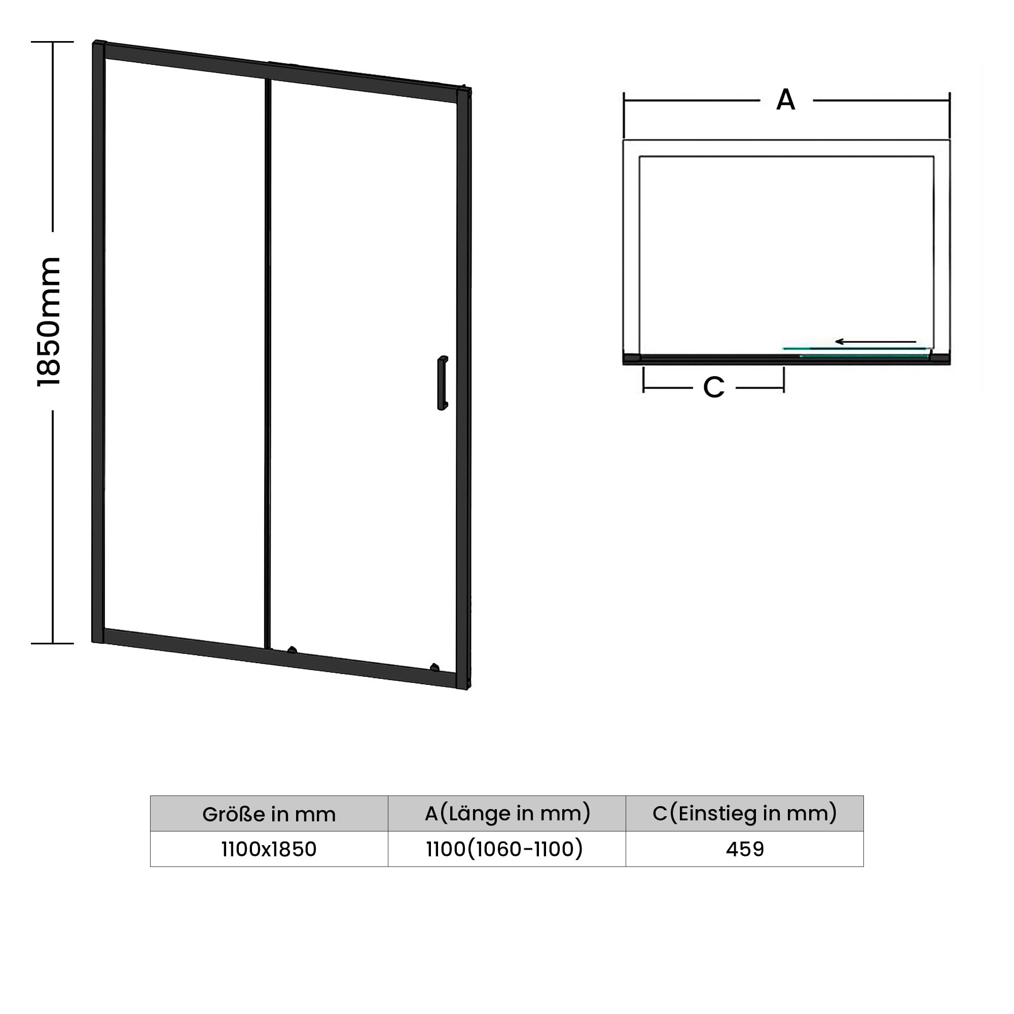SONNI Duschkabine Duschschiebetür Matt-Schwarz, Verschiedene Größen 100/110/120 cm, ESG Klarglas Dusche Nischentür Einzelschiebetür, Glasschiebetür 110x185 cm