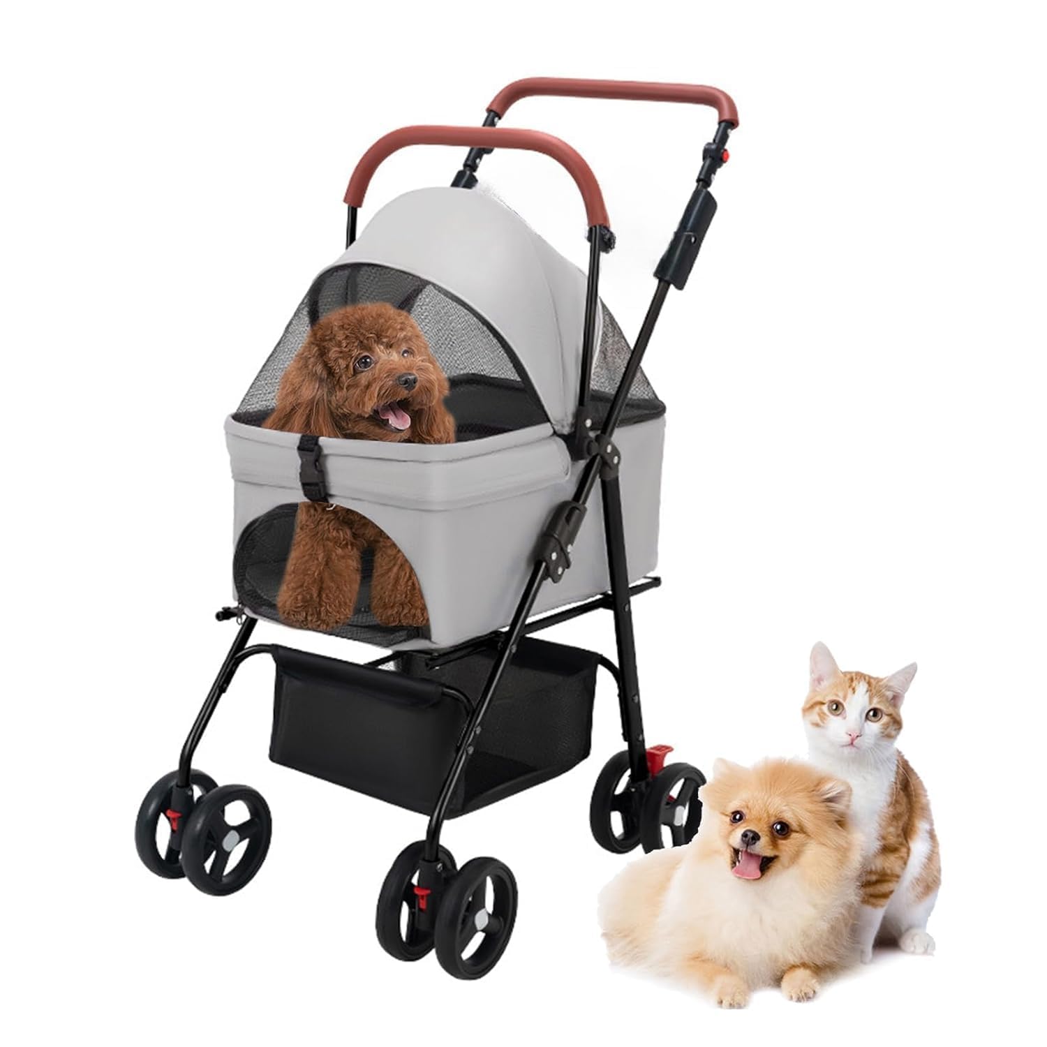Dog Cat Strollers for Small Medium Dogs and Cats, Easy One-Hand Folding Stroller for Small Dogs with Storage Basket and Removable Liner,360 Rotating Front Wheels,Rear Shock and Durable Rubber Wheels