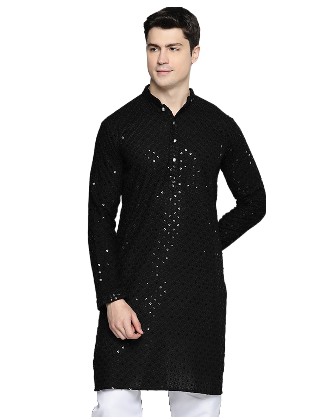 Jompers Mens Black Chikankari Embroidered And Sequence Kurtas (Black, L)