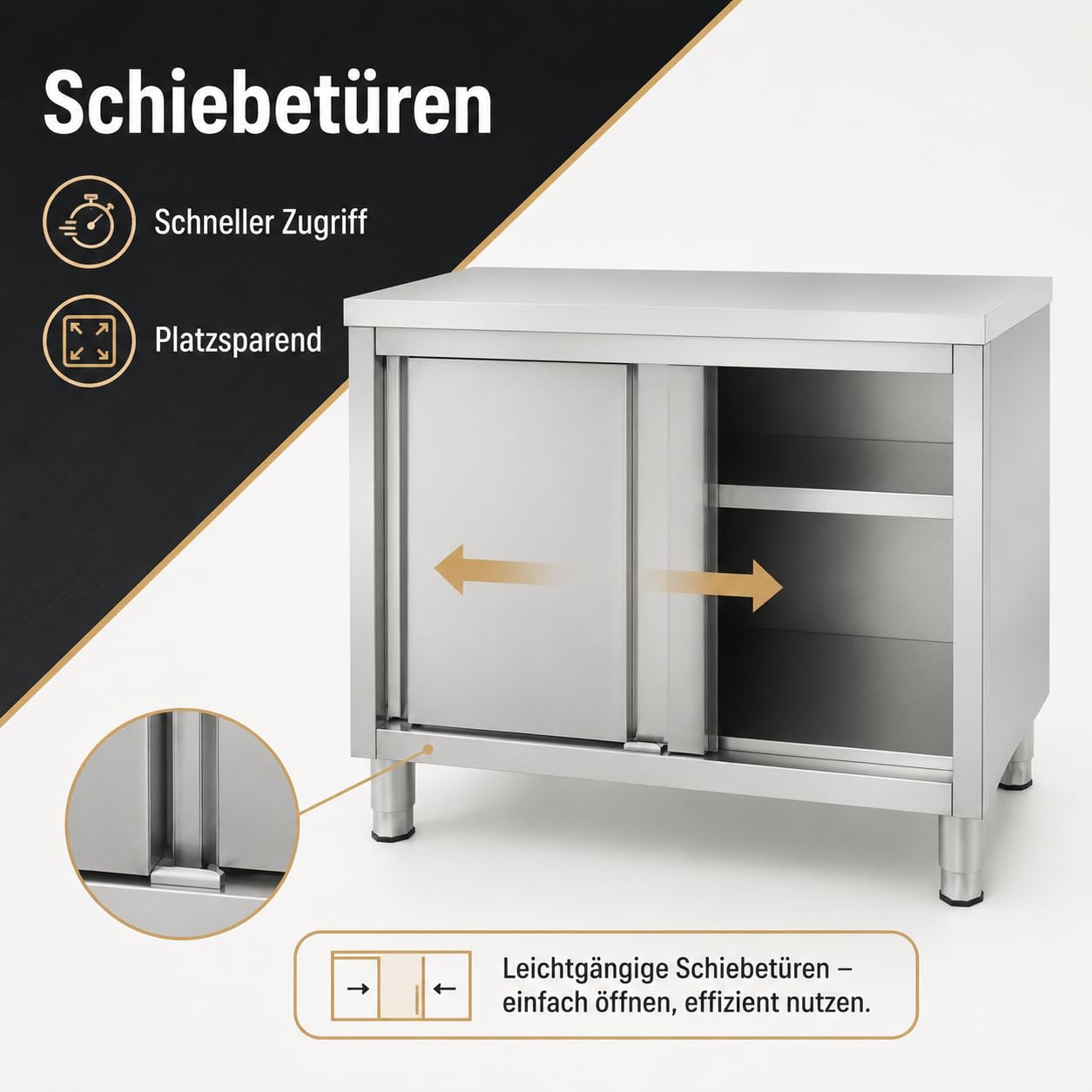 Outdoor Küche Edelstahl, 100x50x86cm Edelstahl Schrank mit Schiebetüren und Arbeitsplatte, 5-20 cm Verstellbare Höhenlagerung Bodenstehend Arbeitsschrank Küchenarbeitstisch für Küche, Garage, Kantinen