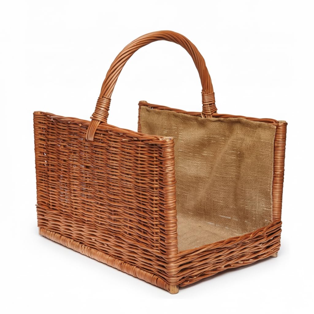 BOGATECO Panier en osier avec poignée carrée | Grand panier à bois 51X35X33 | Tissé à la main | Panier en bois doublé de jute | Panier à bois de chauffage