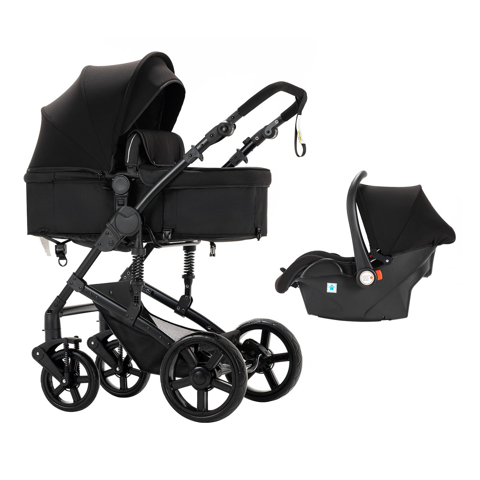 Poussette 3 en 1 avec Double Modes de Poussée Réversibles, Grande Nacelle Confortable, Cadre Aluminium Haute Paysage (588 Black)